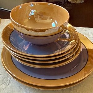 Vintage set of 8 pc Japanese Lusterware peach orange & periwinkle blue cup plate